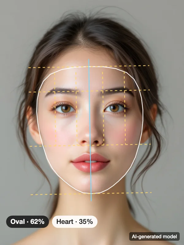 Face analysis example: an AI-generated model with the face outline, thirds and fifths