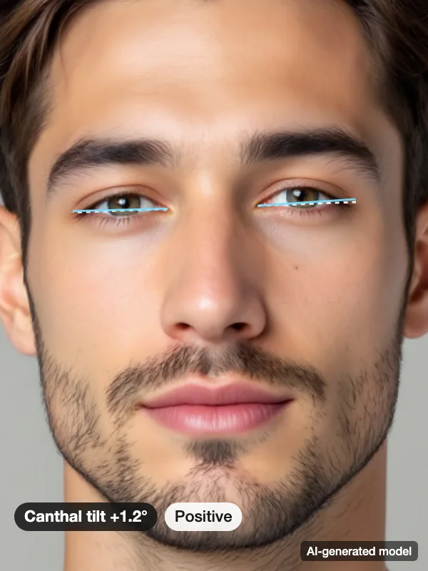 Canthal tilt example: an AI-generated model's eyes with the tilt of each eye drawn