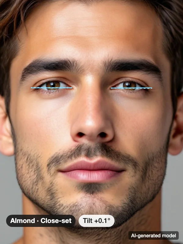 Eye shape example: an AI-generated model's eyes with corner-to-corner lines