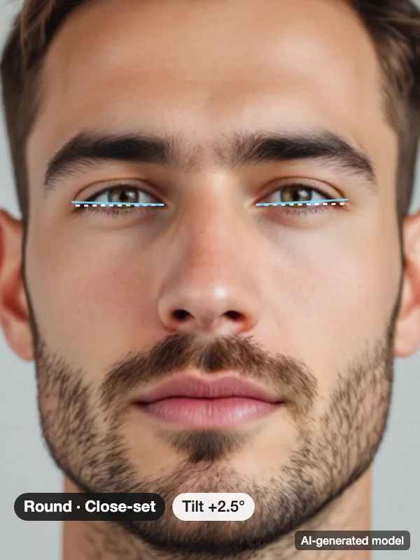 Eye shape example: an AI-generated model's eyes with corner-to-corner lines