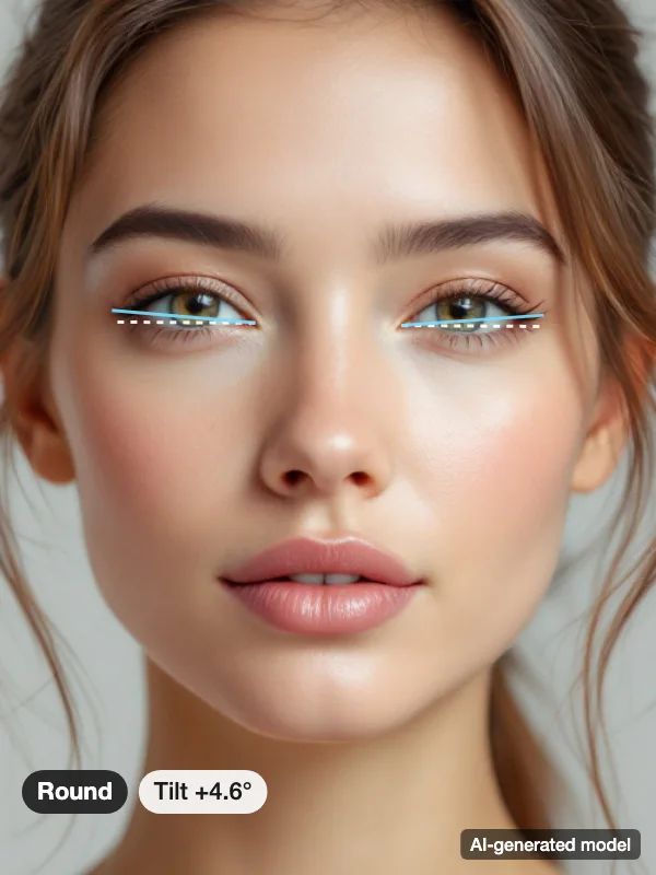 Eye shape example: an AI-generated model's eyes with corner-to-corner lines