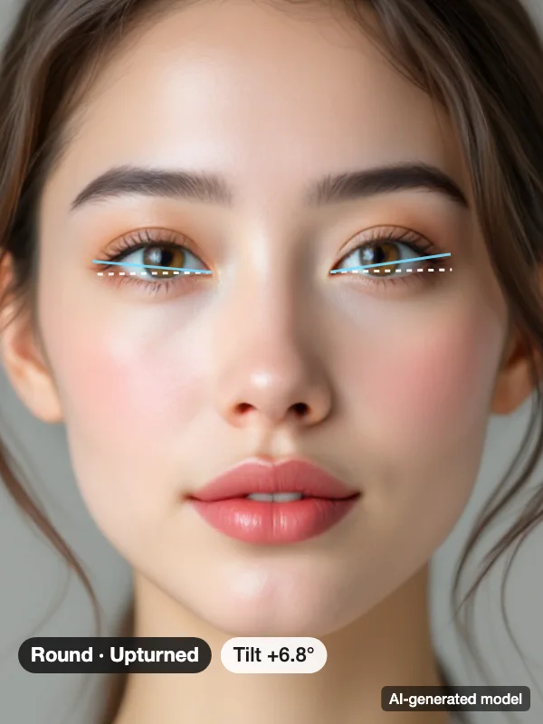 Eye shape example: an AI-generated model's eyes with corner-to-corner lines