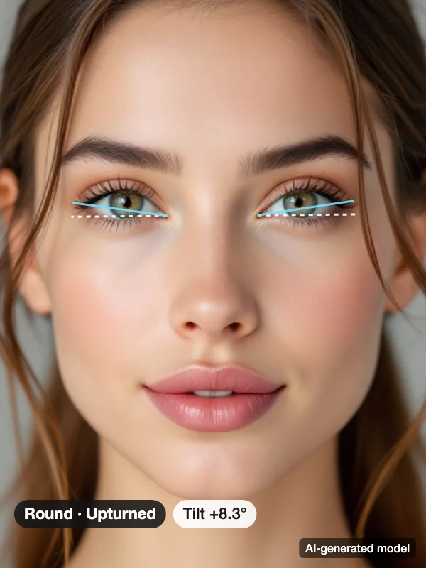 Eye shape example: an AI-generated model's eyes with corner-to-corner lines