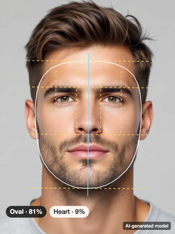 Attractiveness test example: an AI-generated model with the measured outline, thirds, fifths and symmetry axis