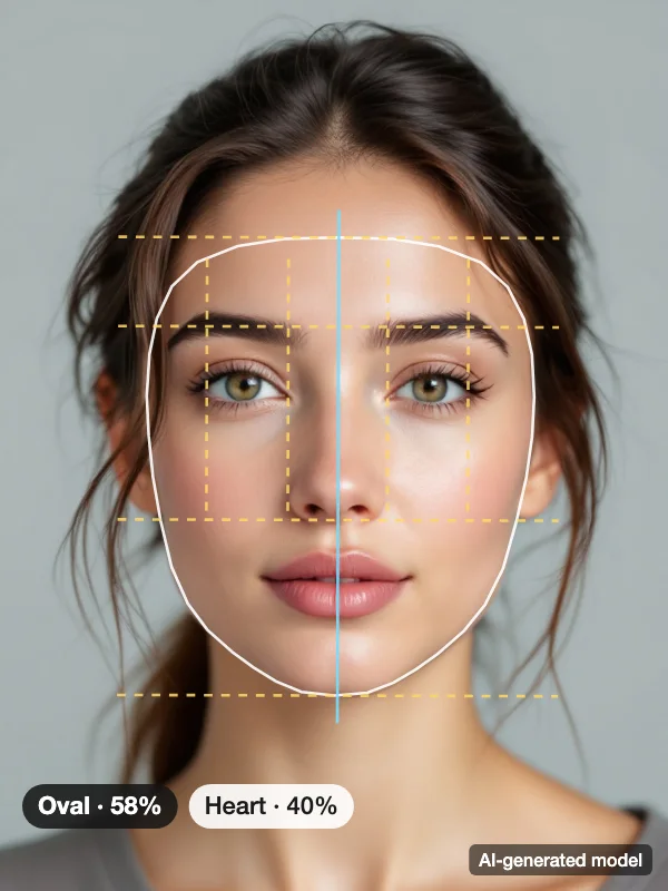 Face shape detector example: an AI-generated model with the face outline, thirds and fifths drawn over the photo