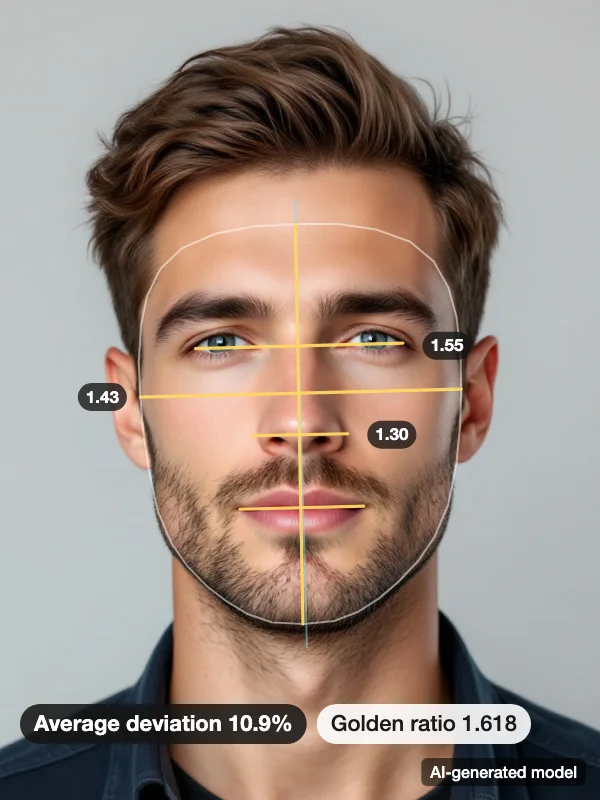 AI-generated male model with golden ratio lines drawn on the face