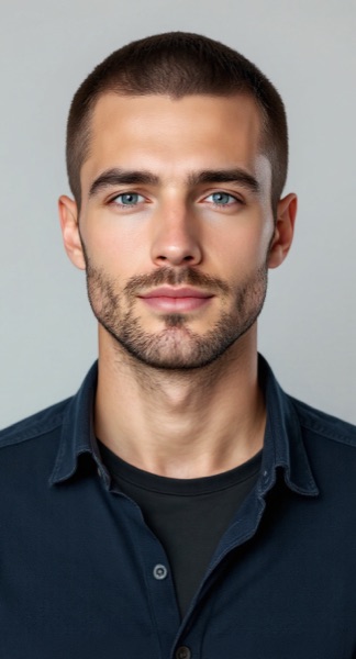 AI hairstyle changer result: Buzz cut (AI-generated preview)